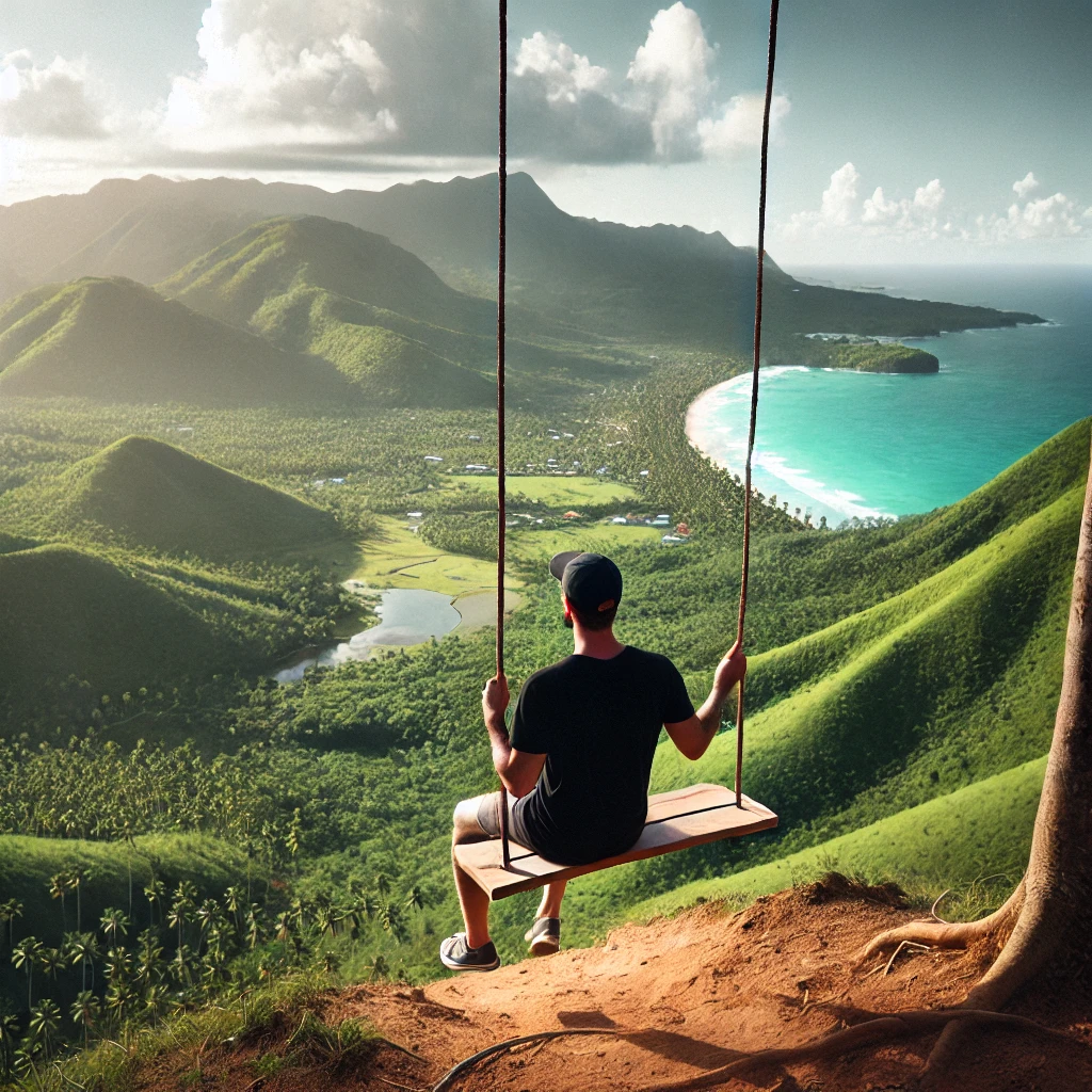 DALL·E 2025 03 04 14.58.15 A breathtaking view of Montana Redonda in Punta Cana Dominican Republic. A person sits on a wooden swing at the edge of the mountain overlooking lus