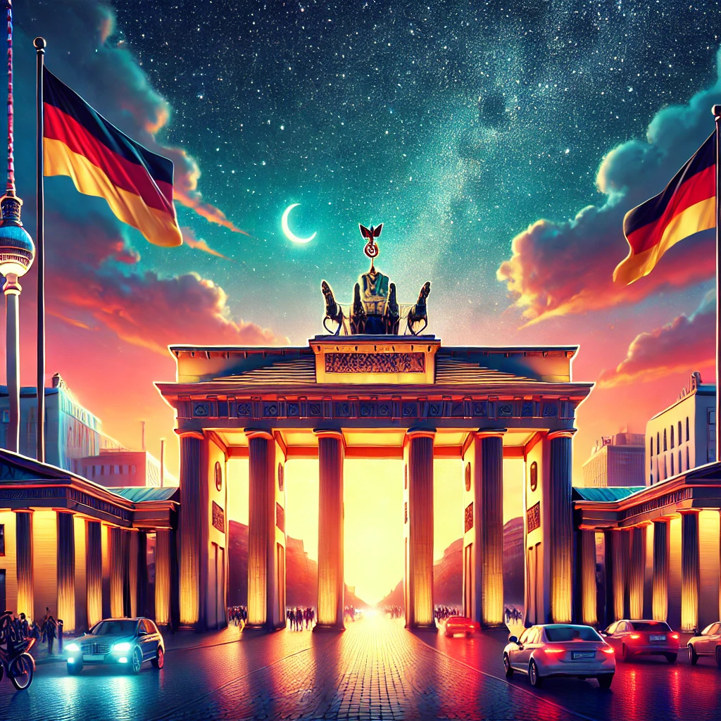 DALL·E 2025 03 05 15.47.57 A captivating illustration of Berlin Germany featuring the Brandenburg Gate with a beautiful evening sky. The scene represents the rich history and