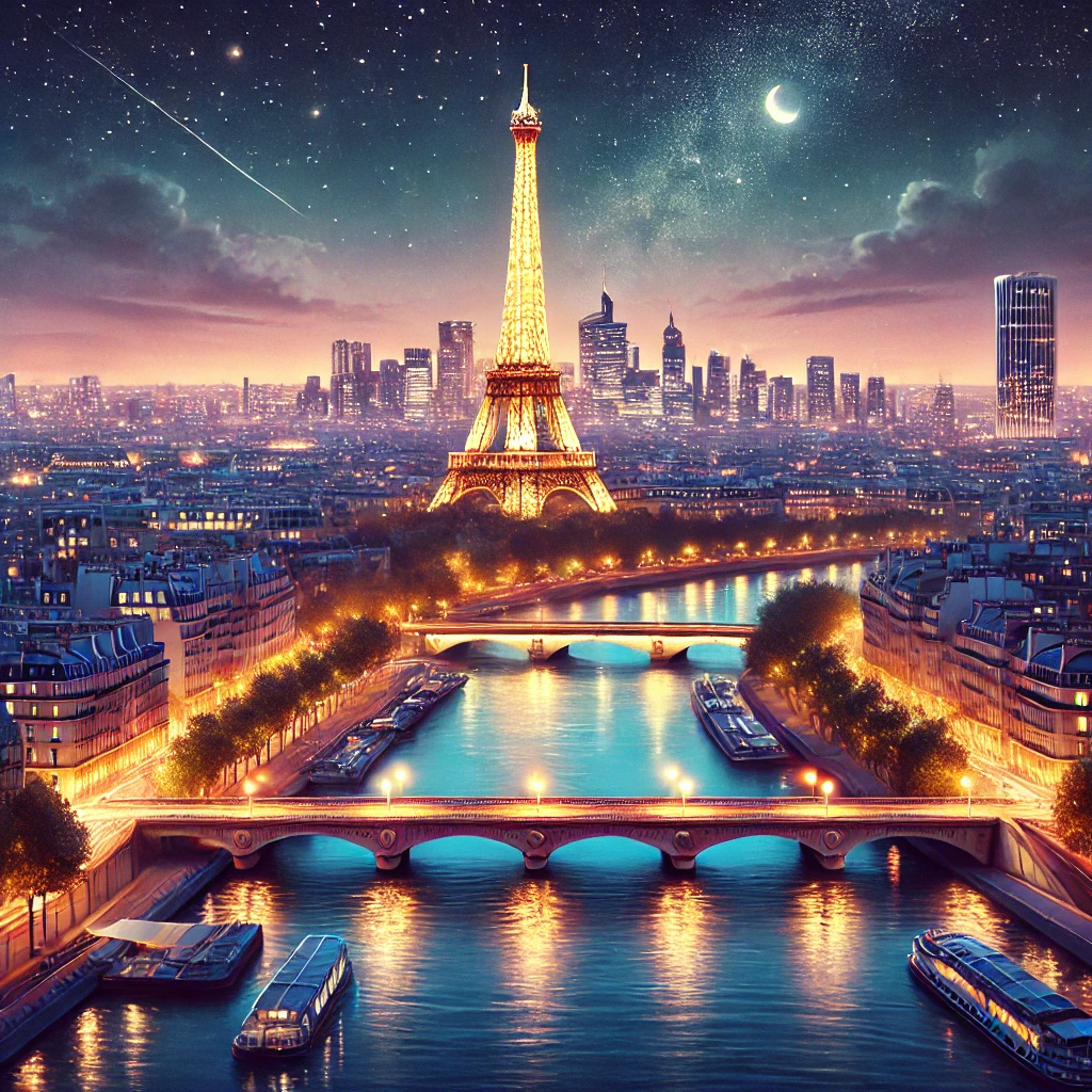 DALL·E 2025 03 05 15.48.01 A breathtaking illustration of Paris France showcasing the Eiffel Tower at night with the city lights reflecting on the Seine River. The scene captu