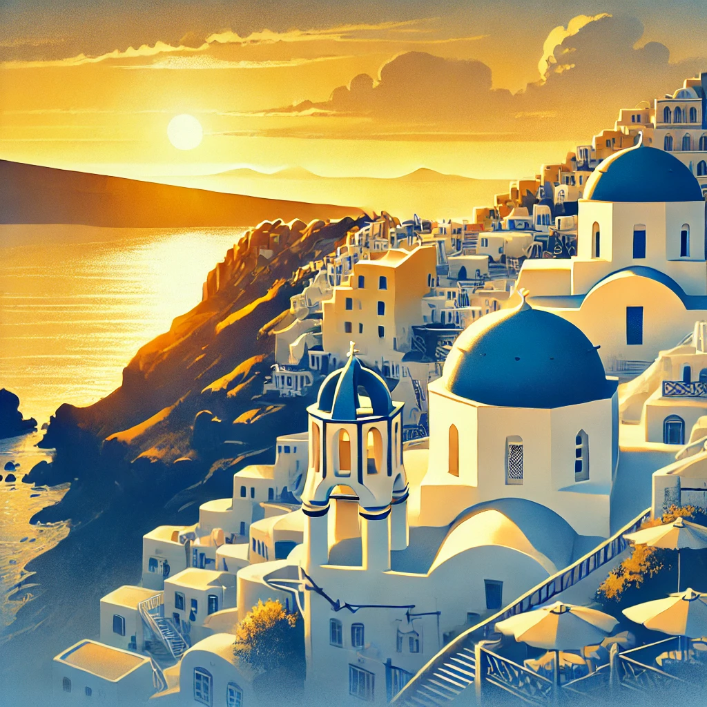 DALL·E 2025 03 05 15.48.08 A picturesque illustration of Santorini Greece showcasing the iconic white buildings with blue domes overlooking the Aegean Sea. The sunset bathes t
