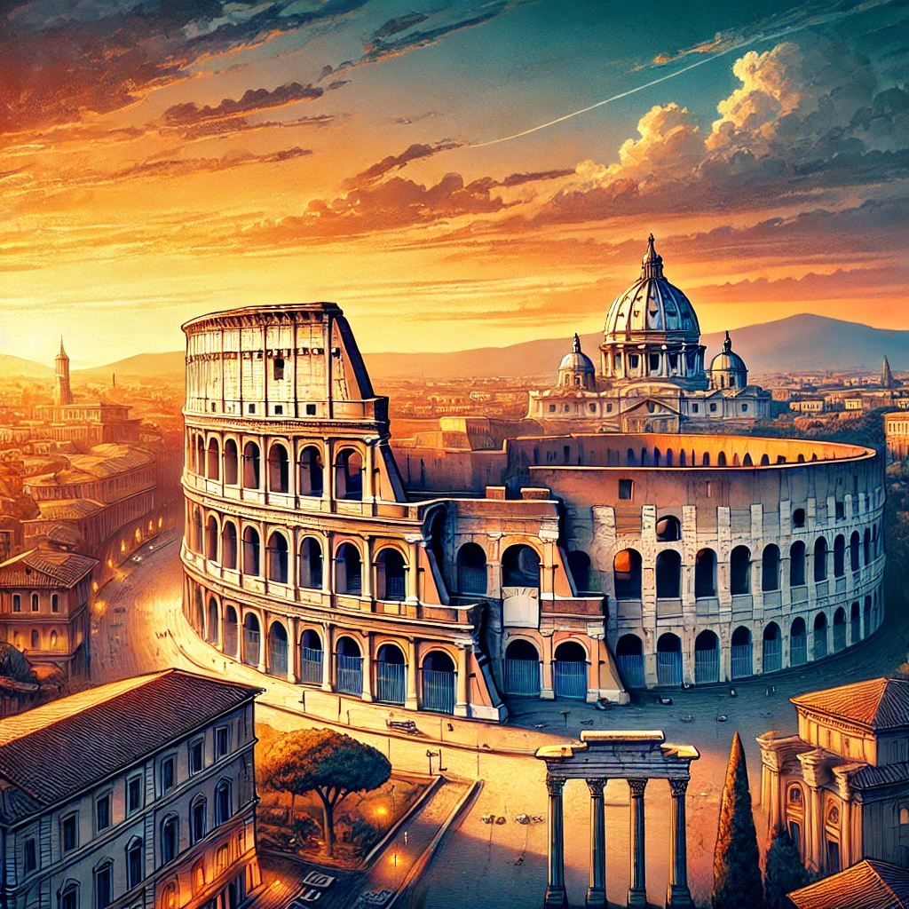 DALL·E 2025 03 05 15.48.11 A breathtaking illustration of Rome Italy featuring the iconic Colosseum with a warm sunset in the background. The scene captures the grandeur of an