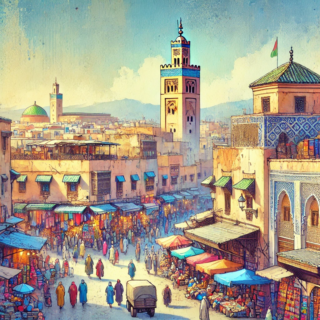 DALL·E 2025 03 05 15.48.14 A beautiful illustration of Marrakech Morocco featuring the bustling souks vibrant colors and intricate architecture of the Medina. The scene capt
