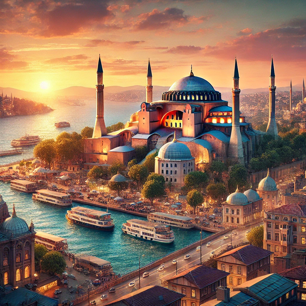 DALL·E 2025 03 05 15.48.27 A highly realistic image of Istanbul Turkey featuring the Hagia Sophia and the Bosphorus at sunset. The scene captures the vibrant culture historic