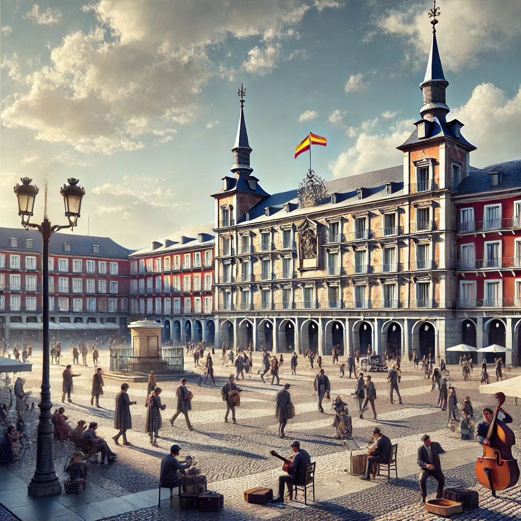 DALL·E 2025 03 05 15.49.18 A highly realistic image of Madrid Spain featuring Plaza Mayor with its historic architecture street musicians and the lively atmosphere of a sunn
