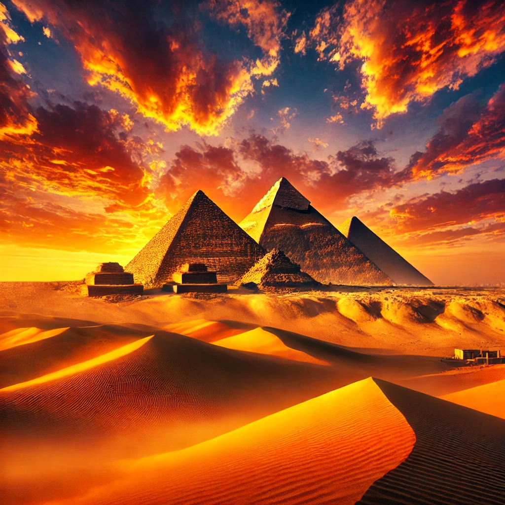 DALL·E 2025 03 05 15.50.12 A highly realistic image of the Great Pyramids of Giza in Egypt with golden desert sands and a vibrant sunset sky. The scene captures the mystery and