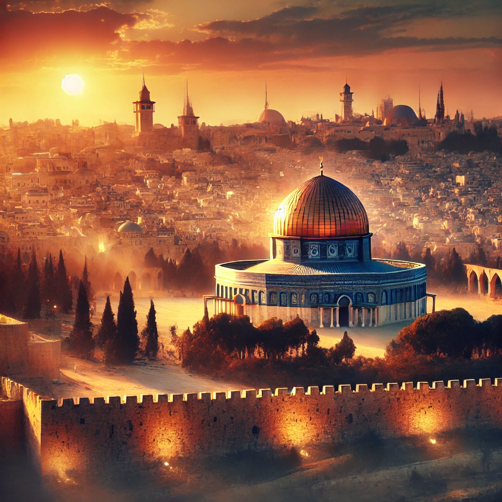 DALL·E 2025 03 05 15.50.29 A highly realistic image of Jerusalem Israel featuring the Dome of the Rock with the ancient city walls and a warm sunset glow. The scene captures t