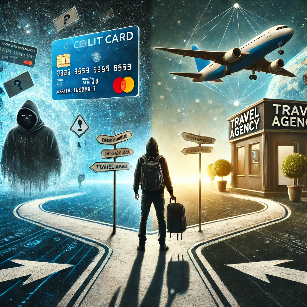 DALL·E 2025-03-24 12.27.36 - A symbolic digital artwork showing a traveler at a crossroads_ one path leads into a chaotic digital world with flying credit cards, warning signs, an DALL·E 2025 03 24 12.27.36 A symbolic digital artwork showing a traveler at a crossroads one path leads into a chaotic digital world with flying credit cards warning signs an