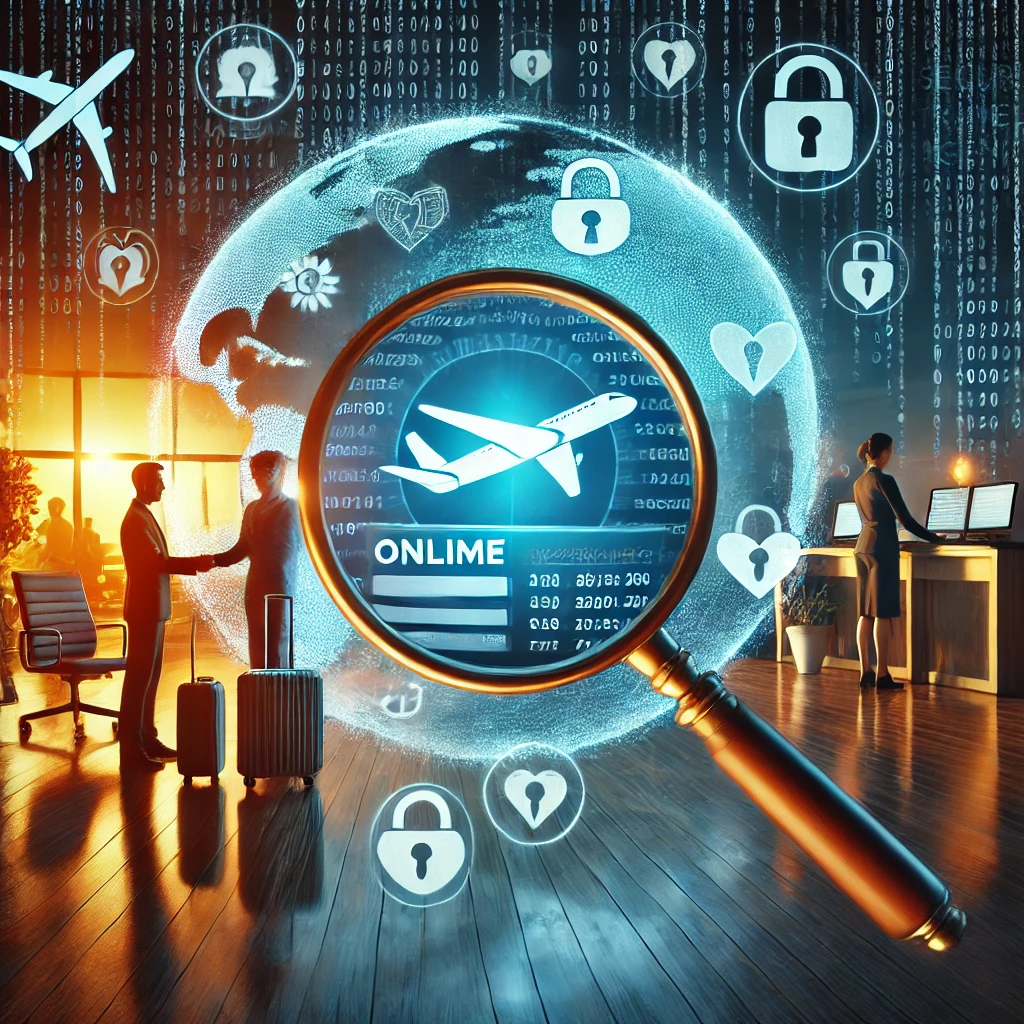 DALL·E 2025-03-24 12.28.06 - A conceptual digital illustration showing a magnifying glass over an online flight booking screen, revealing hidden dangers like malware, phishing lin DALL·E 2025 03 24 12.28.06 A conceptual digital illustration showing a magnifying glass over an online flight booking screen revealing hidden dangers like malware phishing lin